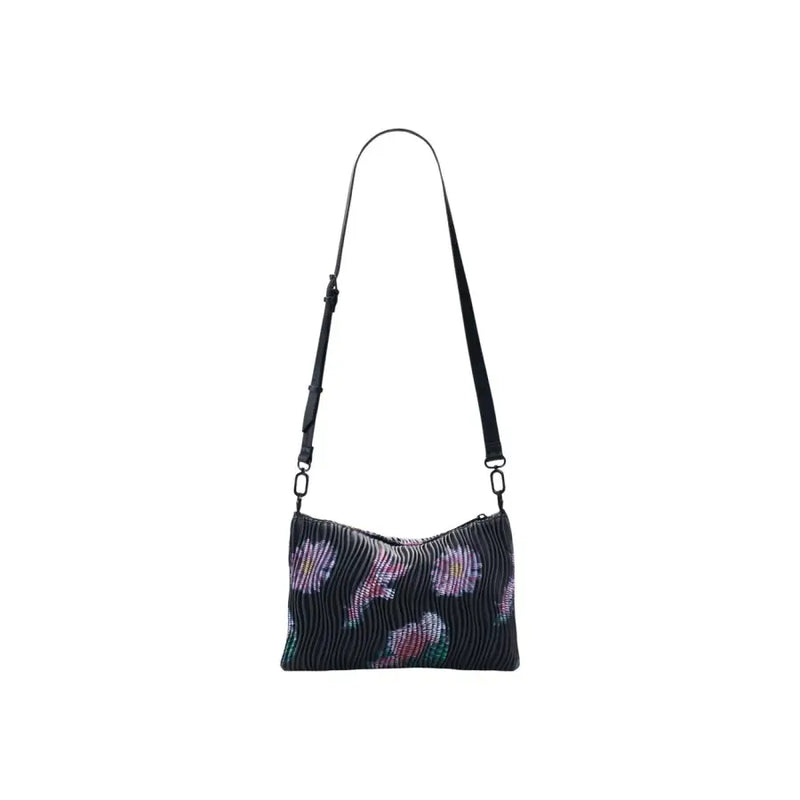 Desigual black polyester handbag crossbody bag with zip pocket featuring colorful floral embroidery and pleated design
