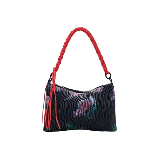Desigual black polyester pleated handbag with vibrant floral pattern and braided red handle with zip pocket