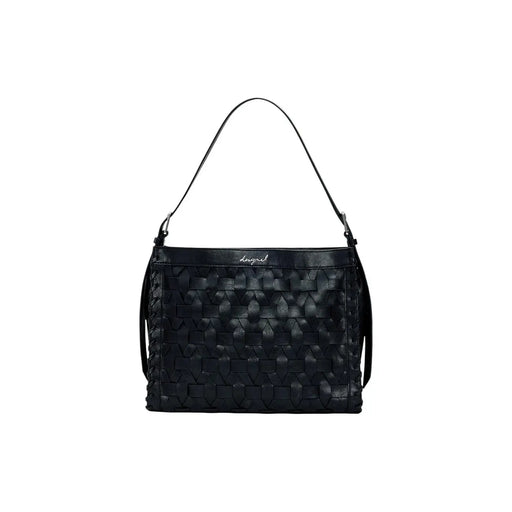 Desigual black woven leather shoulder bag with sleek textured pattern and minimalist design featuring a zip pocket