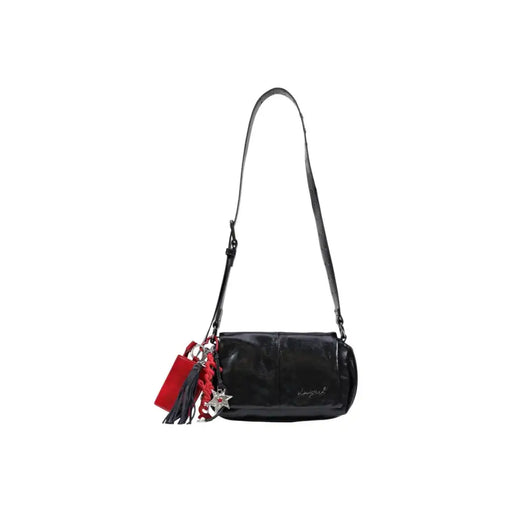 Desigual black polyester crossbody bag with glossy leather finish, red tassel charm, and silver star pendant