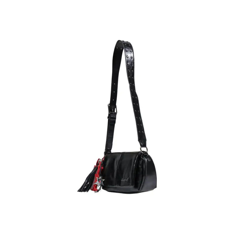 Desigual black glossy patent leather crossbody bag with studded strap and red star tassel charm featuring an inside pocket