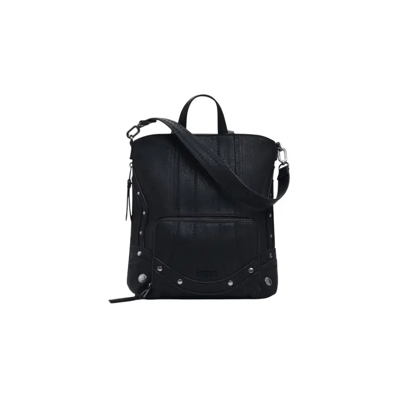 Black leather convertible tote bag with removable strap and stud details for Desigual handbag