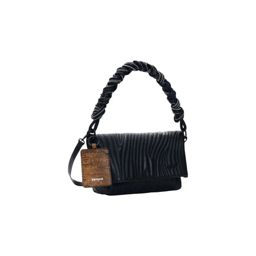Desigual black quilted polyurethane handbag with braided rope handle and brown crocodile-textured leather tag