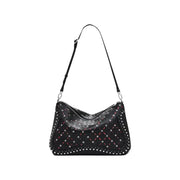 Black leather shoulder bag with silver studs and pink stitching from Desigual collection