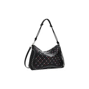 Black leather shoulder bag with silver studs and pink stitching for Desigual handbag product