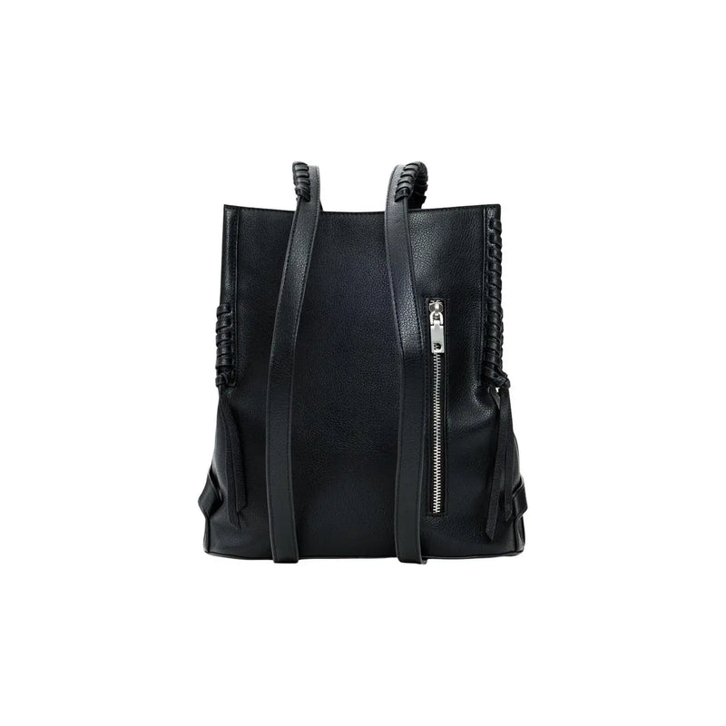 Desigual black polyurethane rucksack with braided leather straps and silver zipper closure shown from the back side