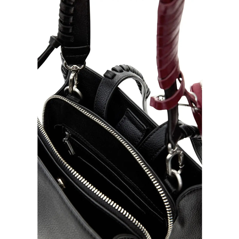 Black leather Desigual rucksack with zip closure featuring burgundy textured handles and silver-toned hardware
