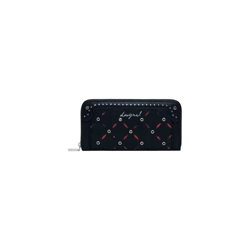 Desigual black polyurethane wallet with quilted pattern, red accents, silver studs