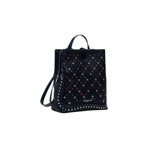 Black polyurethane women’s backpack with red embroidered diamond pattern and silver studs
