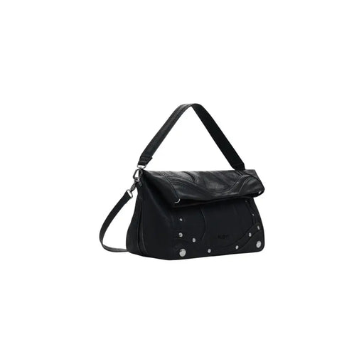 Black leather shoulder bag with fold-over flap and silver studs for women