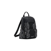 Black faux leather mini backpack with silver studded floral designs for women