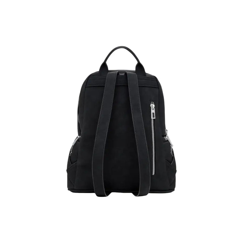 Black nylon backpack with silver zippers from Desigual, featuring zip pockets and polyurethane material