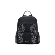 Black polyurethane women rucksack with white studded floral design and zip pockets