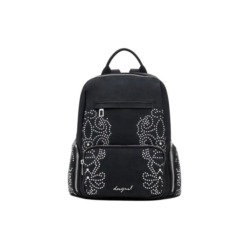 Black polyurethane women rucksack with white studded floral design and zip pockets