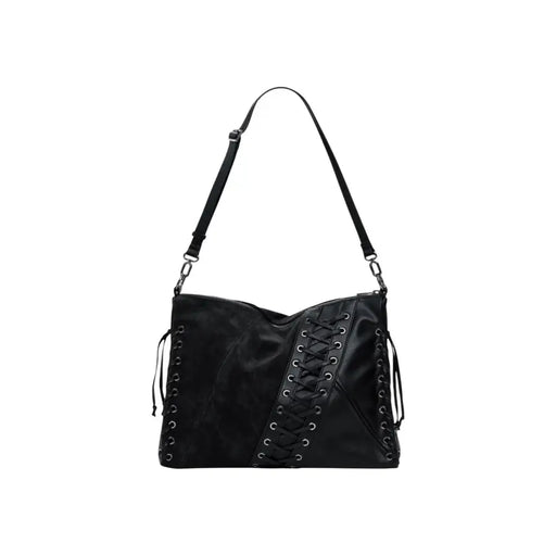 Black leather shoulder bag with diagonal and side lacing details from Desigual