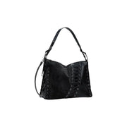 Black leather shoulder bag with decorative lacing from Desigual, polyurethane zip handbag