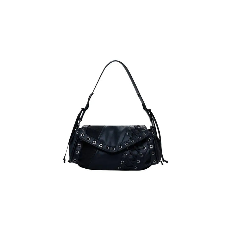 Black leather shoulder bag with grommets and lacing for women from Desigual Fall Winter collection