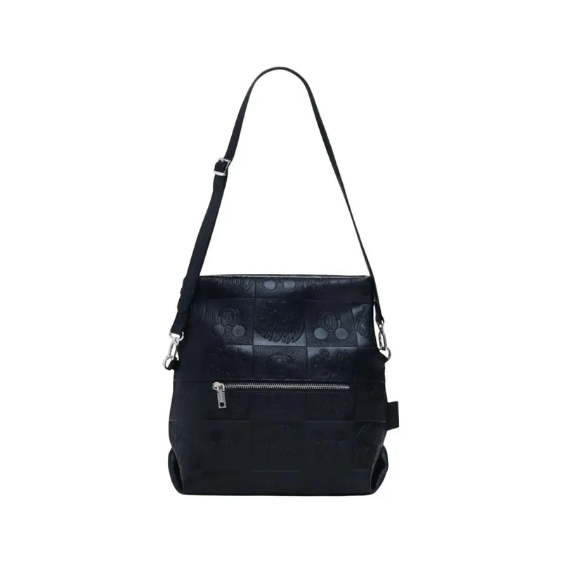 Black leather shoulder bag with embossed patterns and front zipper pocket for women