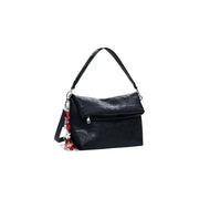 Embossed black polyurethane shoulder bag with decorative keychain for women, Fall Winter collection