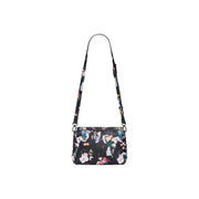 Desigual black cotton crossbody shoulder bag with vibrant floral anime print and adjustable strap featuring inside pocket