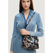 Desigual black print cotton crossbody bag with vibrant multicolored floral and abstract patterns and inside pocket