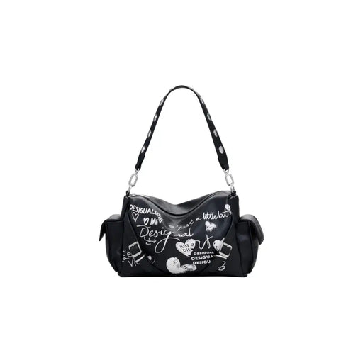 Black shoulder bag with white graffiti-style illustrations and multiple pockets