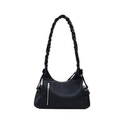 Black leather hobo bag with ruched shoulder strap and silver zippers for Desigual handbag