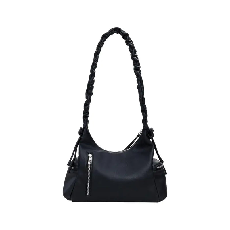 Black leather hobo bag with ruched shoulder strap and silver zippers for Desigual handbag