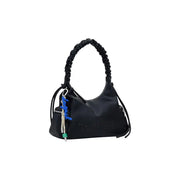 Black PU shoulder bag with ruched strap colorful charm and interior pockets