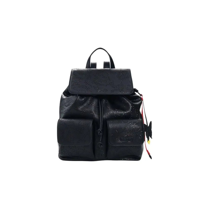 Desigual schwarzer Lederrucksack mit Perforationsmuster, Schmetterlingsanhänger und Taschen für Damen