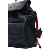 Desigual black perforated leather rucksack with pockets for women featuring a red strap and black butterfly charm