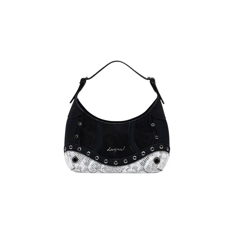 Black shoulder bag with white snakeskin trim, silver grommets, zip, and interior pocket