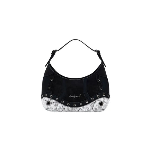 Black shoulder bag with white snakeskin trim, silver grommets, zip, and interior pocket