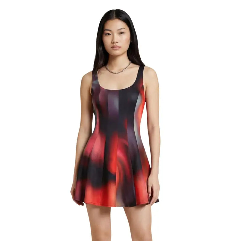 A vibrant red and black abstract print sleeveless square neck mini dress with a flared skirt by Desigual