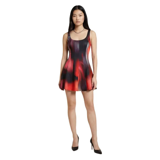 Desigual black sleeveless square neck dress in vibrant red and black abstract print with subtle gradient effects
