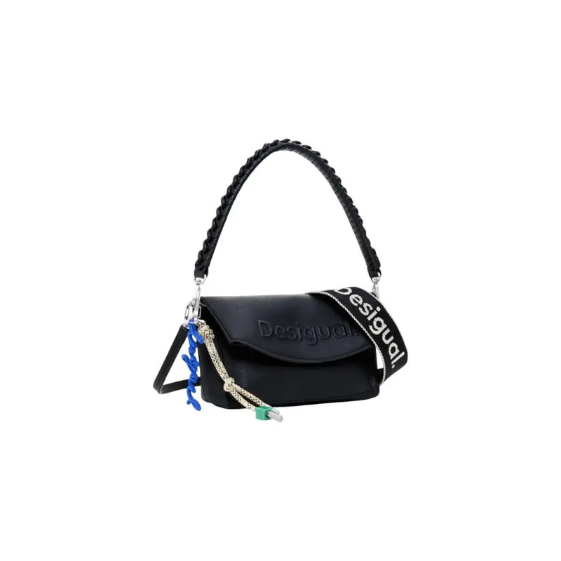 Black faux leather Crossbody Bag with braided handle and logo-embossed strap