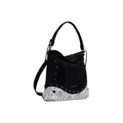 Black shoulder handbag with snakeskin pattern base and silver studs for women