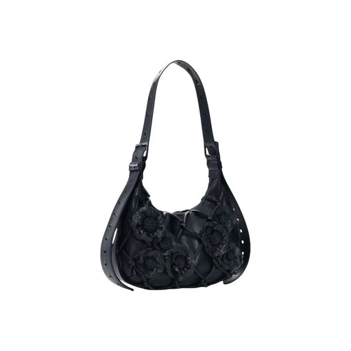 Desigual black leather hobo bag with dimensional floral appliqués and zippered interior pocket