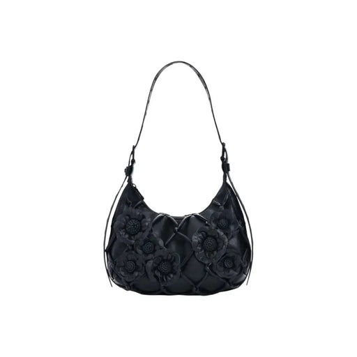 Desigual schwarze Hobo-Tasche mit Reißverschluss, floralen Applikationen und Steppmuster