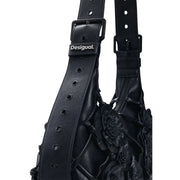 Desigual black leather shoulder bag with embossed floral detailing and branded buckle zipper with interior pocket