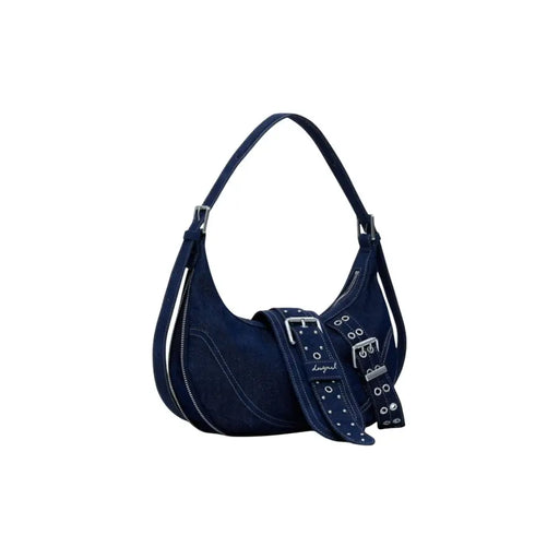 Dark blue denim shoulder handbag with silver buckles and studs from Desigual