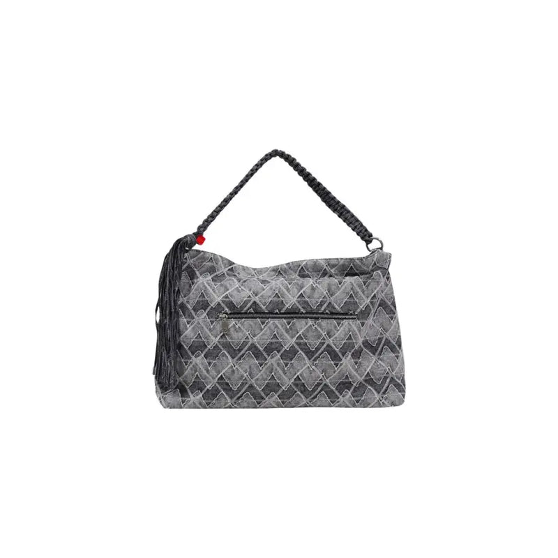 Desigual graue, geometrische Baumwollhandtasche mit geflochtenem schwarzem Henkel und Quaste