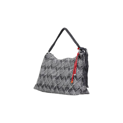 Desigual blue geometric cotton handbag with gray geometric pattern shoulder bag braided black handle and red drawstring closure