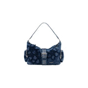 Desigual blaue Denim-Schultertasche mit schwarzen Blumenapplikationen und silberner Schnalle