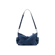 Desigual blaue Handtasche mit dunklem Denim, Used-Look-Stoff, schwarzen Lederriemen