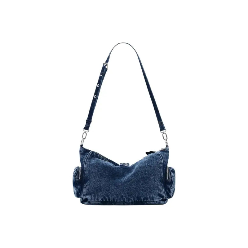 Desigual blaue Handtasche mit dunklem Denim, Used-Look-Stoff, schwarzen Lederriemen