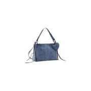 Desigual blaue Denim-Schultertasche mit Herzanhänger, geflochtenen Henkeln, Schulterriemen und Fächern