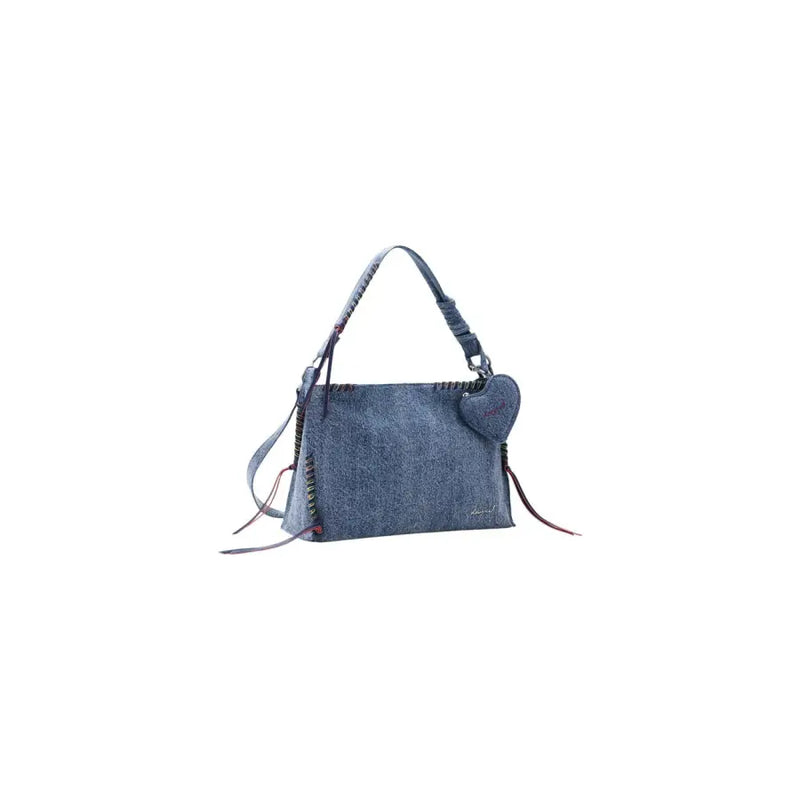 Desigual blaue Denim-Schultertasche mit Herzanhänger, geflochtenen Henkeln, Schulterriemen und Fächern