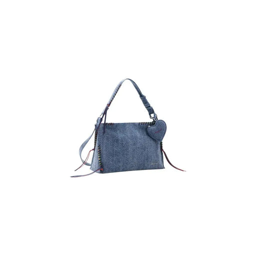 Desigual blaue Denim-Schultertasche mit Herzanhänger, geflochtenen Henkeln, Schulterriemen und Fächern