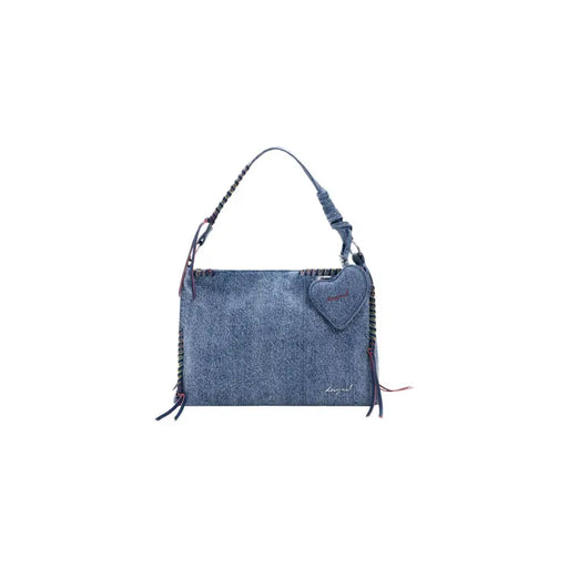 Desigual blaue Denim-Schultertasche mit Herzanhänger, ausgefransten Kanten, Riemen und Taschen